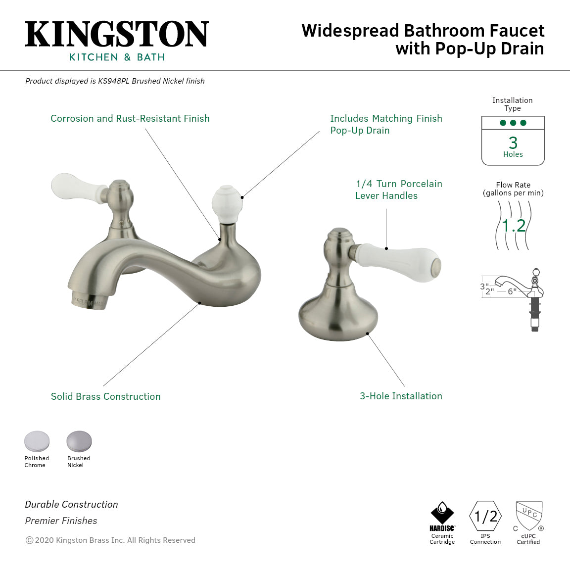 Kingston Heirloom KS941PLTwo-Handle 3-Hole Deck Mount Widespread Bathroom Faucet with ABS Pop-Up Drain, Polished Chrome — thumbnail 2